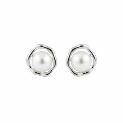 Angel Barocco Women's Freshwater Round Pearl Stud Earrings - Silver