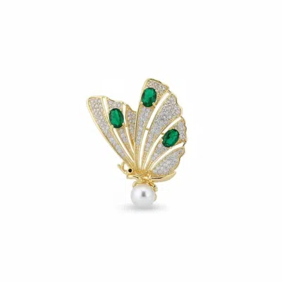 Angel Barocco Women's Gold Elegant Zircon Butterfly Pearl Brooch