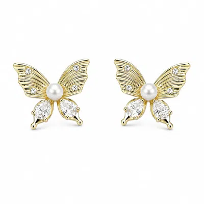Angel Barocco Women's Gold Freshwater Pearl Butterfly Stud Earrings