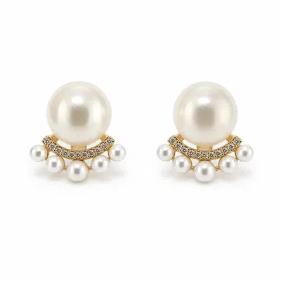 Angel Barocco Women's Gold Freshwater Pearl Crystal Crown Stud Earrings