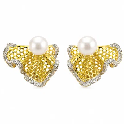 Angel Barocco Women's Gold Freshwater Pearl Filigree Fan Stud Earrings