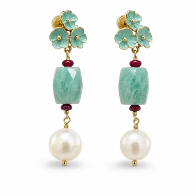 Angel Barocco Women's Gold / Green / White Amazonite Flower Pearl Drop Earrings In Gold/green/white