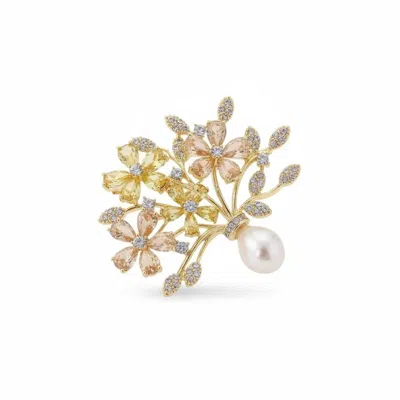 Angel Barocco Women's Gold Vintage Floral Zircon & Pearl Brooch