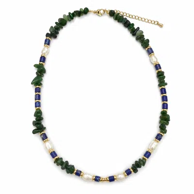 Angel Barocco Women's Green Gemstone, Cobalt Blue & Baroque Pearl Beaded Necklace