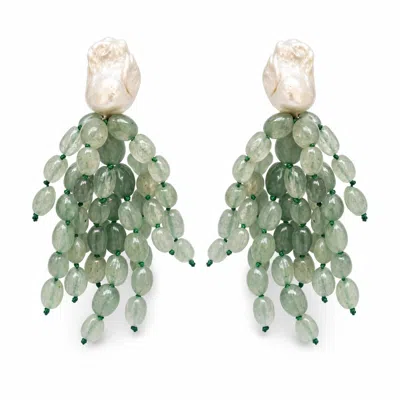 Angel Barocco Women's Green / White Prehnite Cluster Baroque Pearl Drop Earrings In Green/white