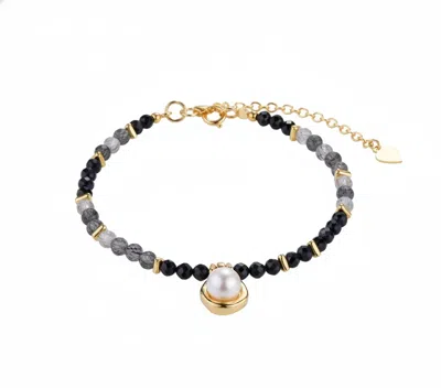 Angel Barocco Women's Natural Black Stone Bracelet With Pearl Pendant In Gold