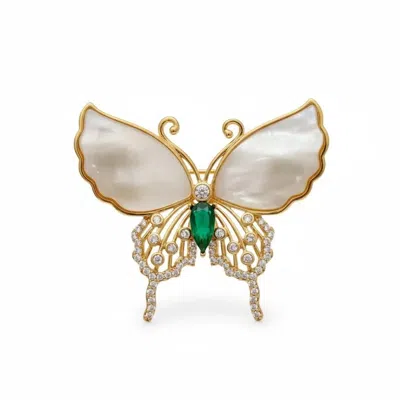 Angel Barocco Women's Natural Shell Diamond Butterfly Brooch - Green In Gold