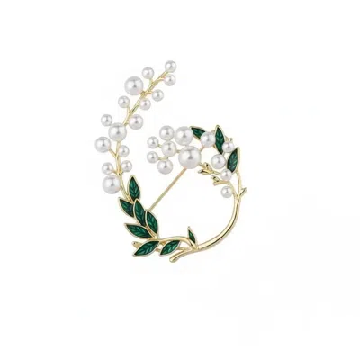 Angel Barocco Women's Pearl Green Leaf Brooch In Gold