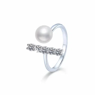 Angel Barocco Women's Pearl T Silver Adjustable Ring