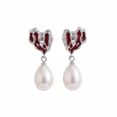 Angel Barocco Women's Red & Black Heart Drip Glaze Large Pearl Earrings - Black In Multi