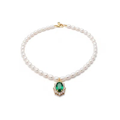 Angel Barocco Women's Seeds Pearl Choker Necklace With Crystal Pendant - Green In White