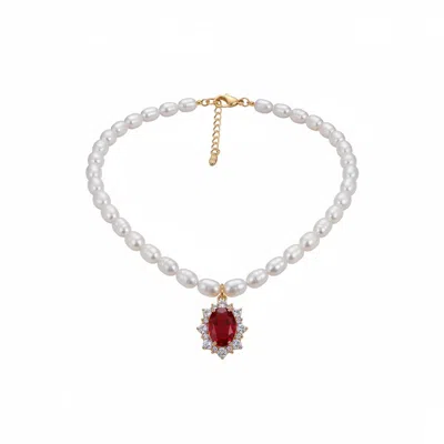 Angel Barocco Women's Seeds Pearl Choker Necklace With Crystal Pendant - Red In White