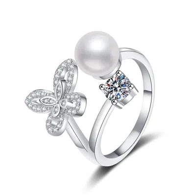Angel Barocco Women's Silver Butterfly Freshwater Pearl Diamond Ring