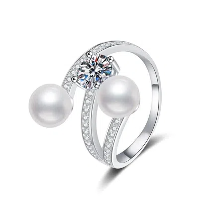 Angel Barocco Women's Silver Moissanite Diamond Pearls Ring