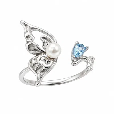 Angel Barocco Women's Sterling Silver Freshwater Pearl Butterfly Open Ring