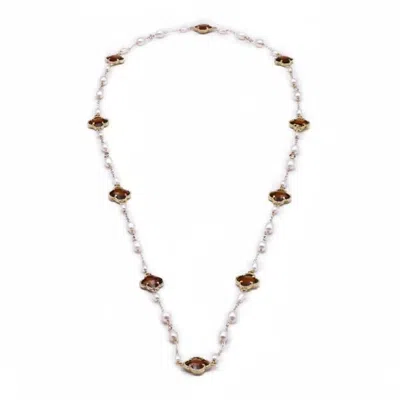 Angel Barocco Women's White / Brown Clover Crystal Freshwater Pearl Long Necklace In Metallic