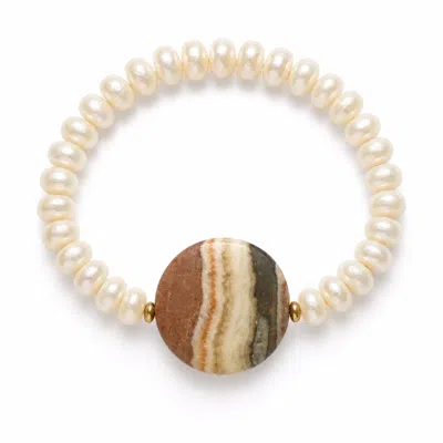 Angel Barocco Women's White Striped Agate Freshwater Pearl Stretch Bracelet