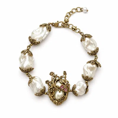 Angel Barocco Women's White Vintage Baroque Pearl Heart Charm Bracelet