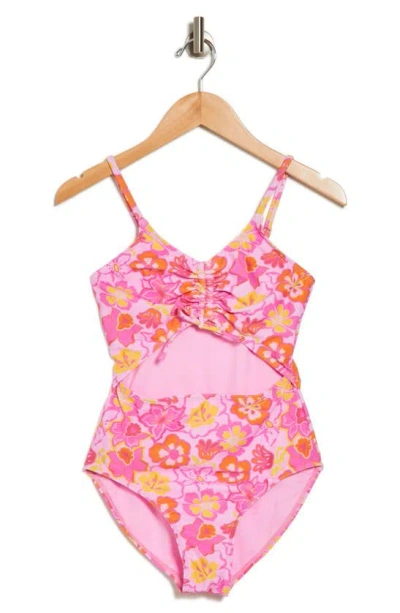 Angel Beach Kids' Cinch Cutout One-piece Swimsuit In Pink Multi
