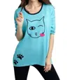ANGEL CAT KISS GRAPHIC SWEATER IN TURQUOISE/BLACK