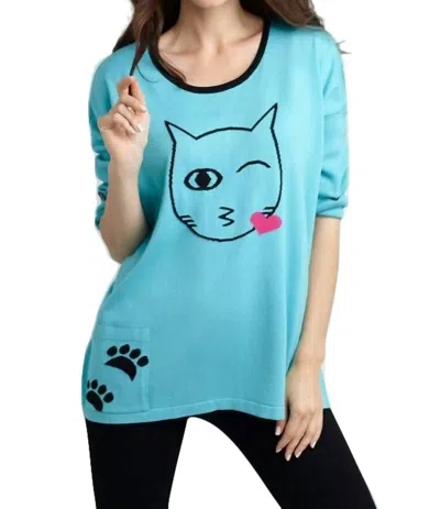 Angel Cat Kiss Graphic Sweater In Turquoise/black In Blue