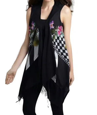 Angel Checkerboard Floral Long Vest In Black Multi