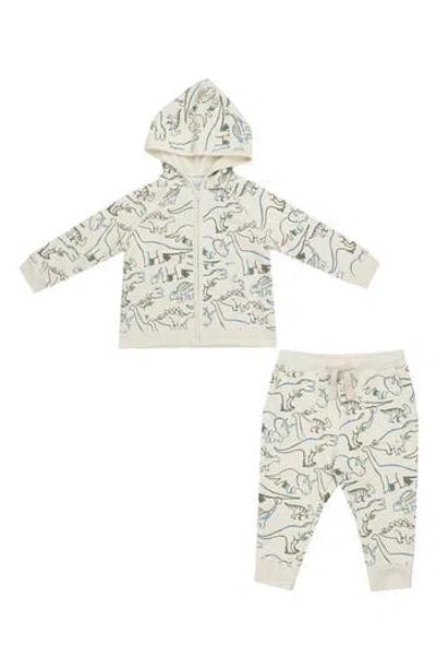 Angel Dear Babies'  Artsy Dinosaur French Terry Zip Front Hoodie & Joggers Set In White