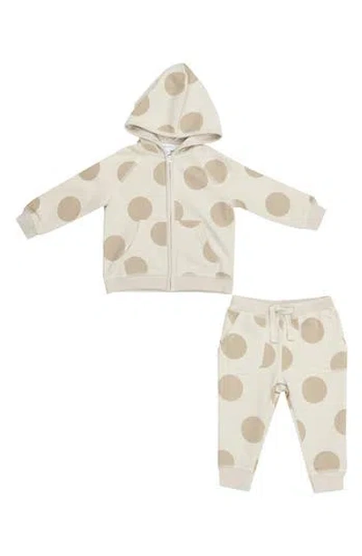 Angel Dear Babies'  Beige Dot French Terry Zip Hoodie & Joggers Set In White