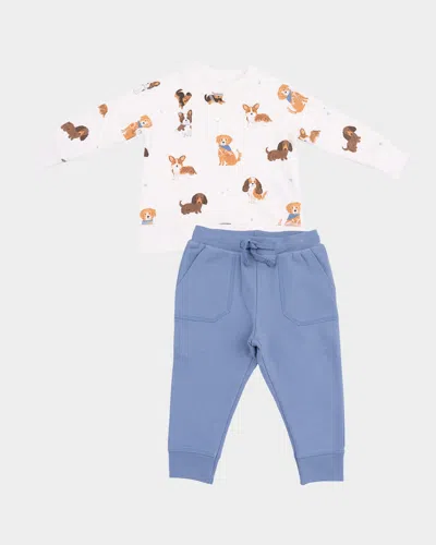 Angel Dear Kids' Boy's Best Friend Dogs Raglan Sweatshirt & Joggers Set In White