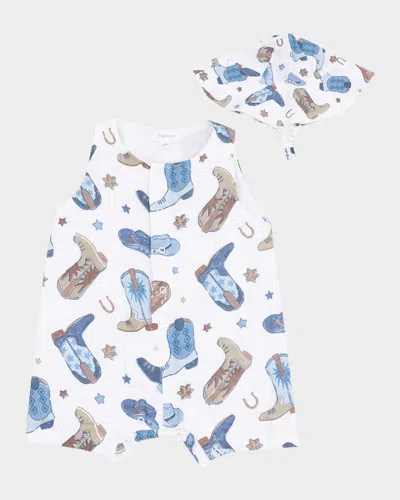 Angel Dear Kids' Boy's Cowboy Boots Romper W/ Sunhat Set In Blue