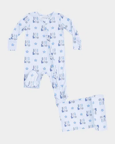 Angel Dear Kids' Boy's Lil Bro 2-way Zip Footie Romper & Blanket Set In Blue