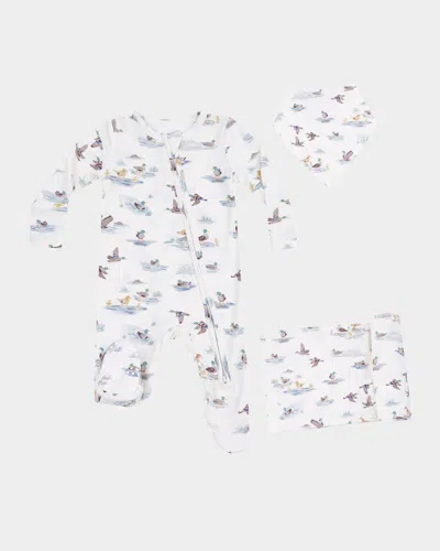 Angel Dear Kids' Boy's Migrating Mallards 2-way Zip Footie Romper, Swaddle Blanket & Bib Set In White