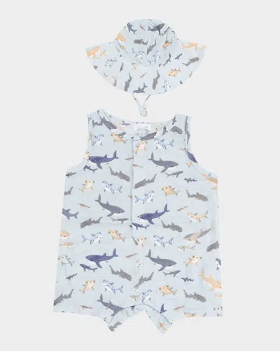 Angel Dear Kids' Boy's Shark-print Playsuit & Sun Hat In Blue