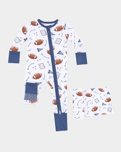 Angel Dear Kids' Boy's Touchdown Time 2-way Zip Romper, Blanket & Bib Set In White