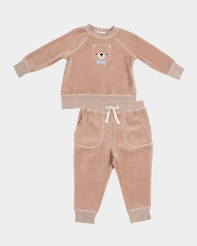 Angel Dear Kids' Boy's Velour Teddy Bear Sweatshirt & Joggers Set In Brown