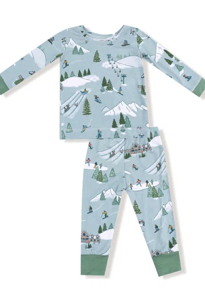 Angel Dear Kids' Boys Long Sleeve Loungewear Set In Winter Fun Skiers In Green