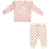 Angel Dear Checkerboard French Terry Ruffle Sweatshirt & Joggers Set In Pink