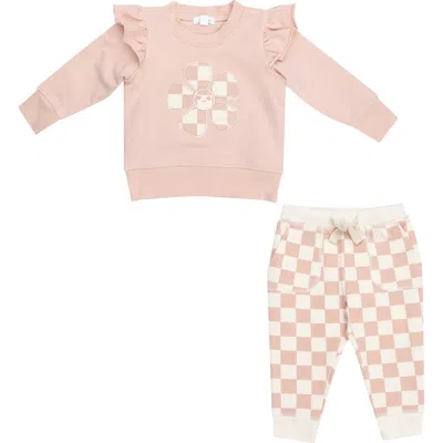 Angel Dear Babies'  Checkerboard French Terry Ruffle Sweatshirt & Joggers Set In Pink