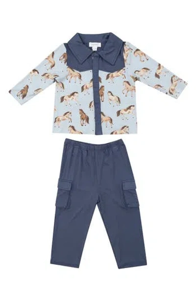 Angel Dear Babies'  Cowboy Horses Print Shirt & Cargo Pants Set In Blue