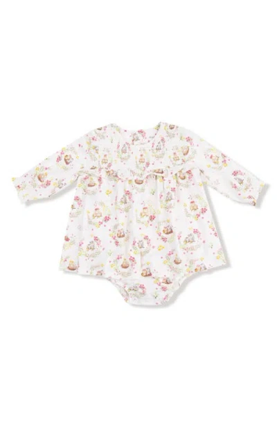 Angel Dear Babies'  Floral Owl Families Smocked Skirted Bodysuit In White
