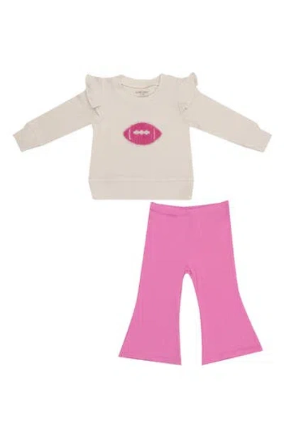 Angel Dear Babies'  Football Waffle Ruffle Sweatshirt & Flare Leggings Set In White