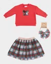 Angel Dear Girl's 3-piece Holiday Plaid Sweatshirt & Skirt Set In Red