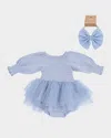 Angel Dear Girl's Cotton Chambray Smocked Tutu Bubble Romper & Headband Set In Blue