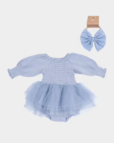 Angel Dear Kids' Girl's Cotton Chambray Smocked Tutu Bubble Romper & Headband Set In Blue