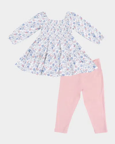 Angel Dear Kids' Girl's Country Girl Floral Cap-sleeve Dress & Bamboo Leggings Set In Pink