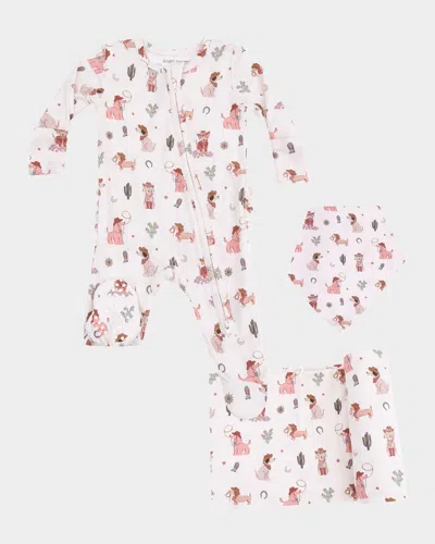 Angel Dear Kids' Girl's Cowgirl Dogs 2-way Zip Footie, Bib And Blanket Set In White