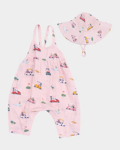 Angel Dear Kids' Girl's Golf Carts Cuties Tie Back Romper W/ Sun Hat In Pink