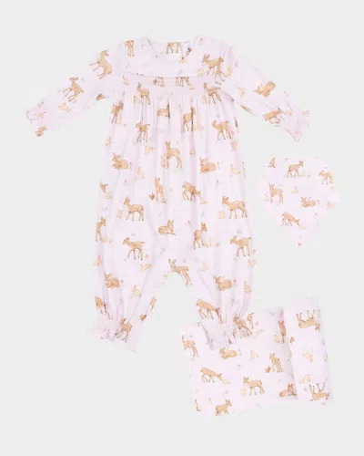 Angel Dear Kids' Girl's Little Fawn Smocked Long-sleeve Romper, Bib & Blanket Set In Nude