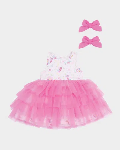 Angel Dear Kids' Girl's Mermaids-print Twirly Sleeveless Tutu Dress With Hair Bows In Pink