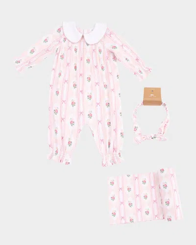 Angel Dear Kids' Girl's Ogee Lace Floral Smocked Romper, Headband & Blanket Set In Pink